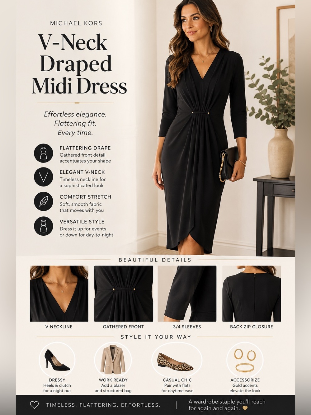 Michael Kors Black V-Neck Draped Midi Dress